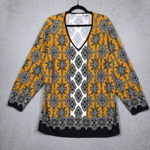 Susan Graver Top Womens 3X‎ Mustard Medallion Liquid Knit Tunic Artsy Abstract